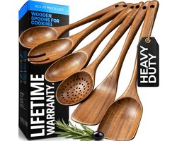 Zulay Kitchen Premium houten keukengerei om te koken - 6 stuks anti-aanbakset zachte comfortabele grip houten kookgerei - gladde afwerking teak houten lepels sets om te koken