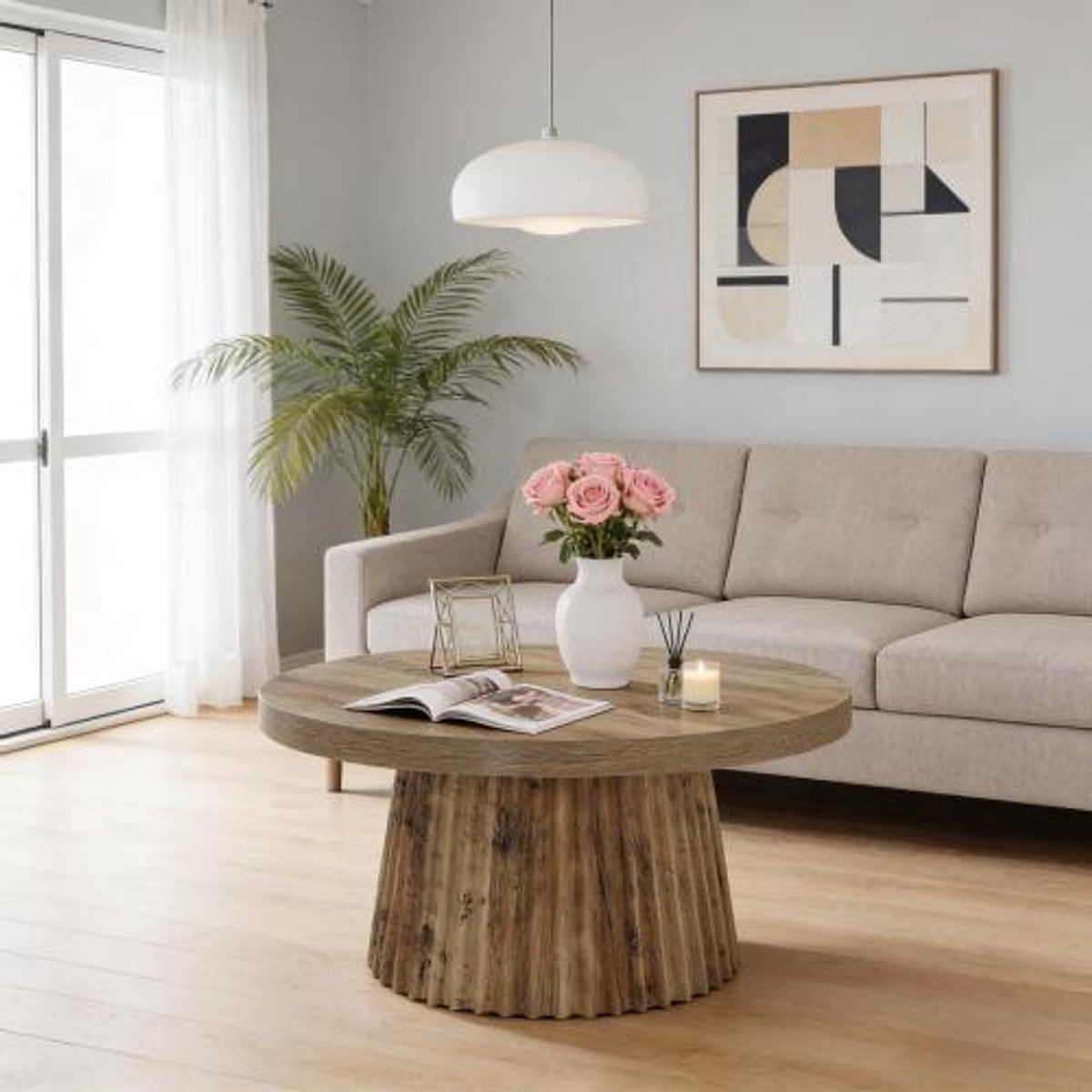REDOM - Tafel - Ronde salontafel met 80 cm blad - Riffelzuilbasis - Krasbestendig oppervlak - Modern - Woonkamer of loft - MDF - Bruin - 80 x 80 x 45 cm
