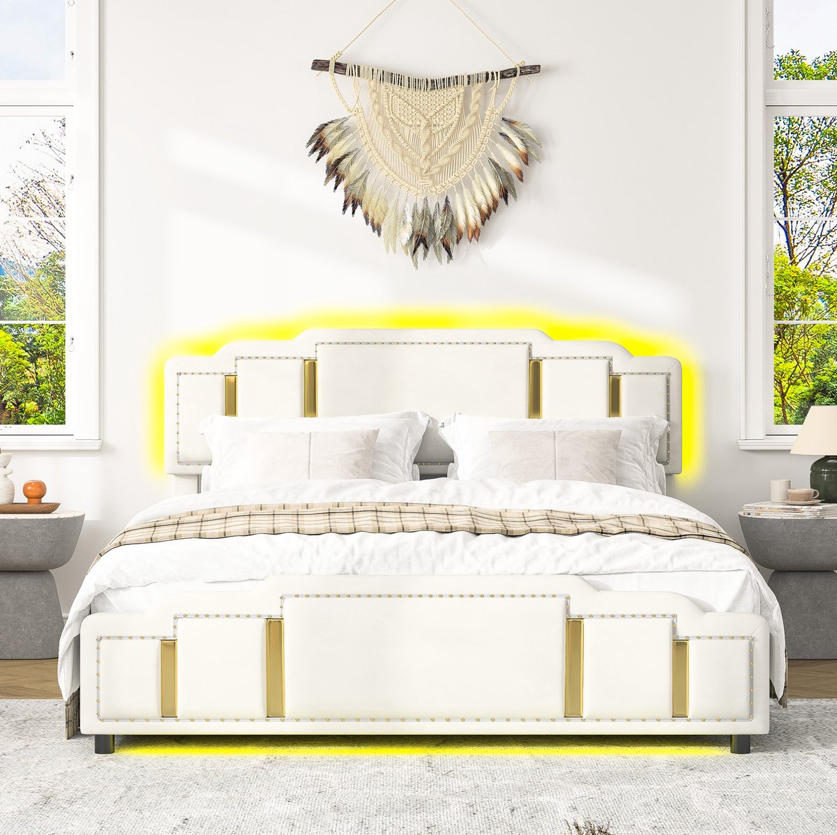 DESMIU Bed 140 x 200 cm – Hydraulische Opbergruimte – Verstelbaar Hoofdeinde Met Led Verlichting – Voor Volwassenen Slaapkamer – Fluweel – Beige – Zonder Matras