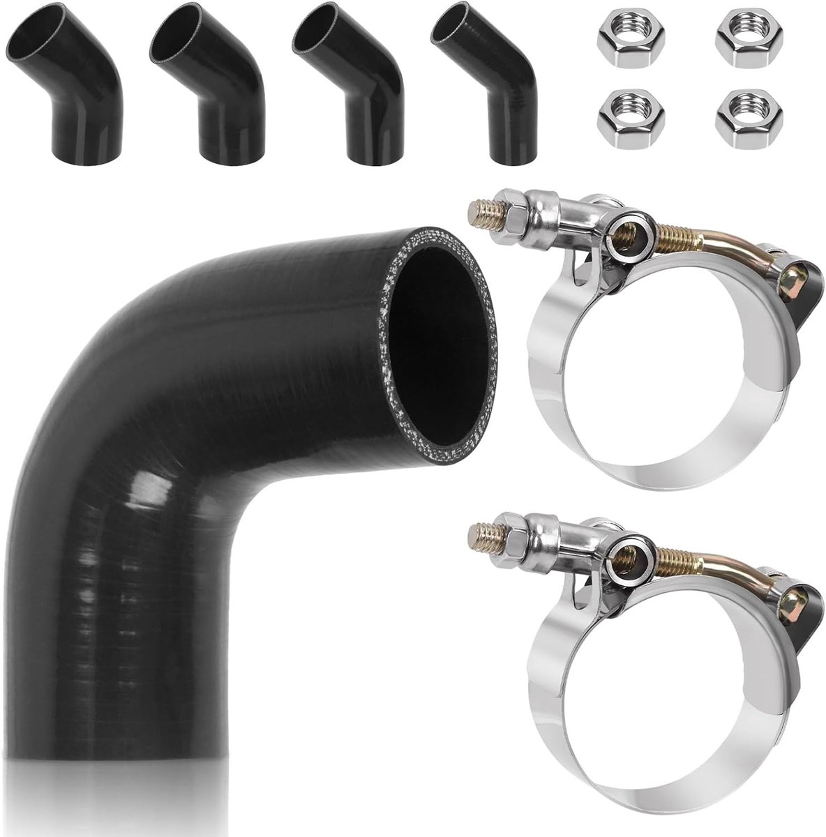 7-delige 90 Graden Bocht Koppeling Silicone Slang Set met 1x ID 2" Hoge Prestaties Slang, 2x T-Bolt Klemmen en 4x M6 Moeren voor Klanten met Klusprojecten