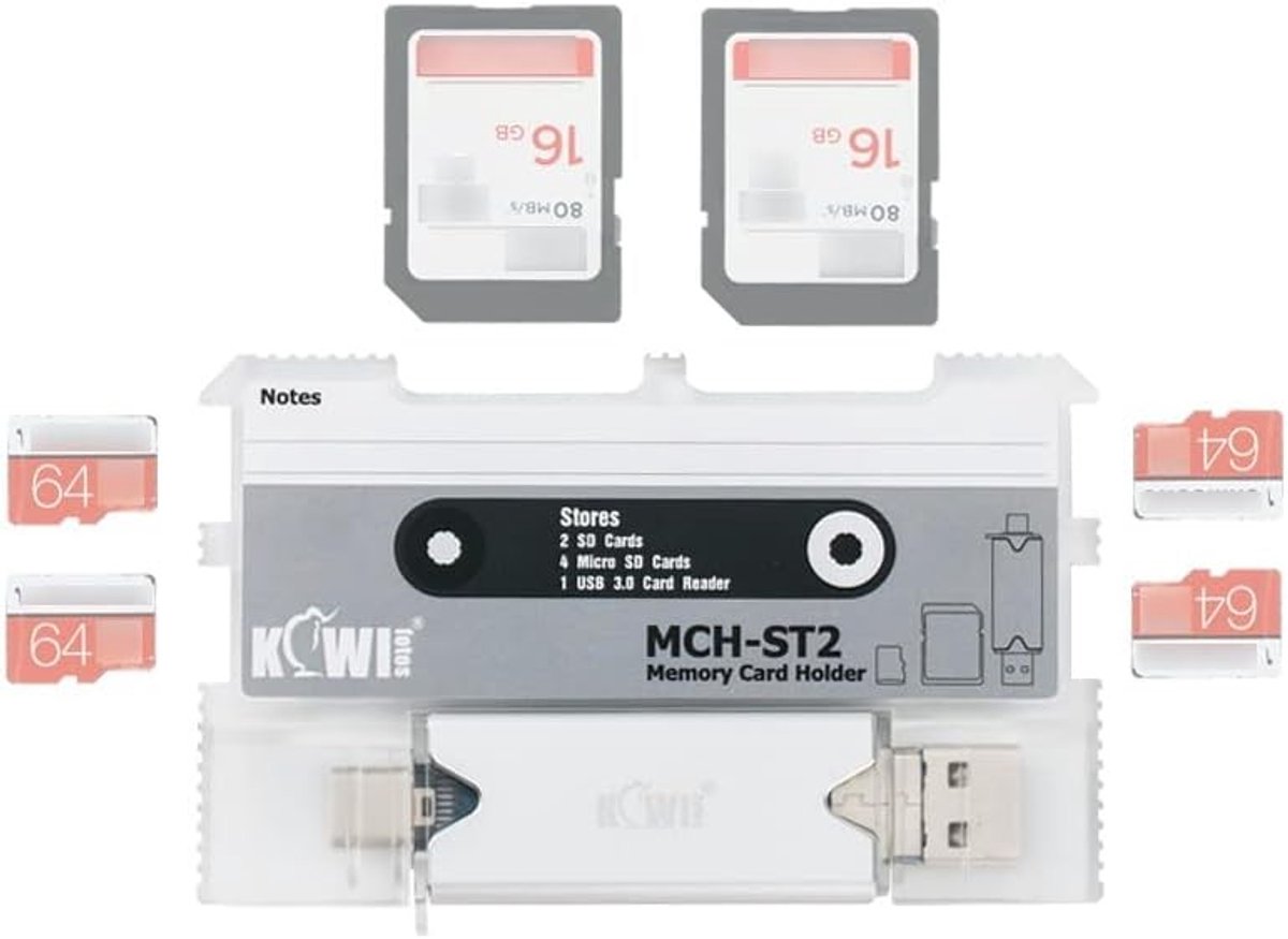 2-in-1 SD Kaart Houder, Draagbare Geheugenkaart Case voor 2 SD Kaarten, 4 MicroSD/TF Kaarten en 1 USB 3.0 Kaartlezer (Grijs) - Ideaal voor Fotografie en Gegevensopslag