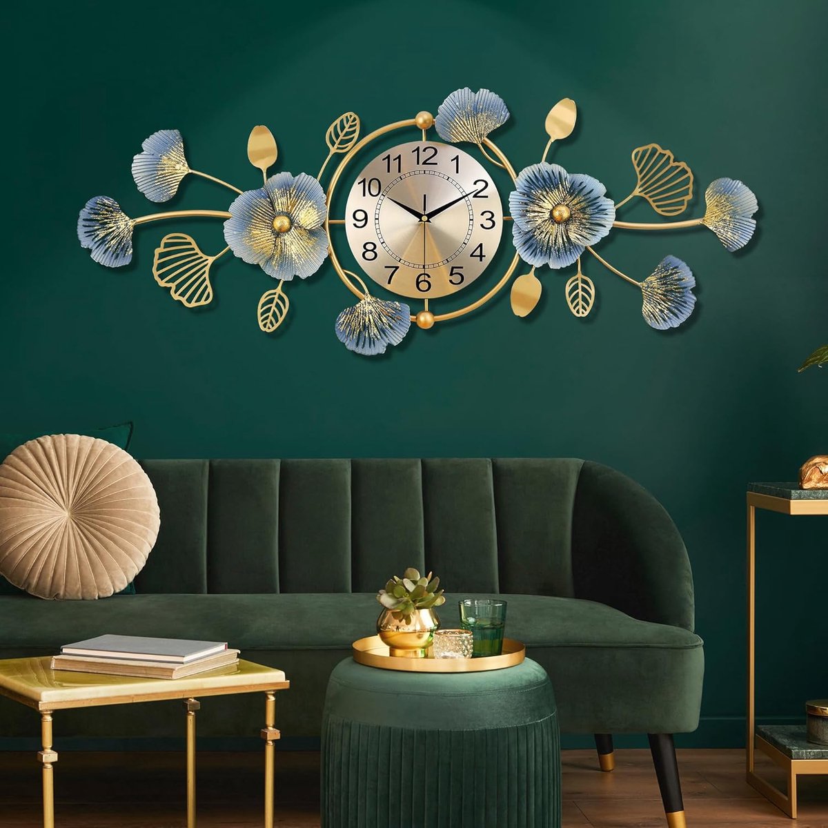 SnelShoppen - Grote wandklok goudkleurig metaal 95 x 36 cm, geruisloze moderne klok zonder tikken, creatieve ginkgo biloba decoratie voor woonkamer, s