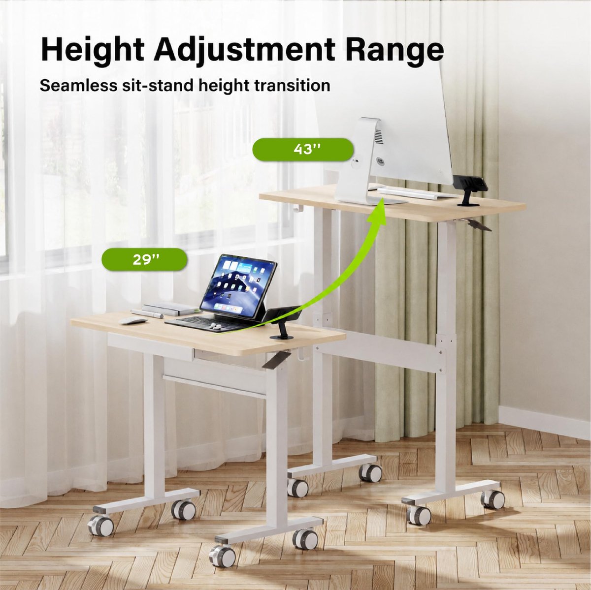 SnelShoppen - Pneumatische Computertafel Hoogte Verstelbaar (88 x 50 cm) - Laptoptafel met Wielen en Lade - Overbedtafel Sta-Zit Bureau voor Kantoor,