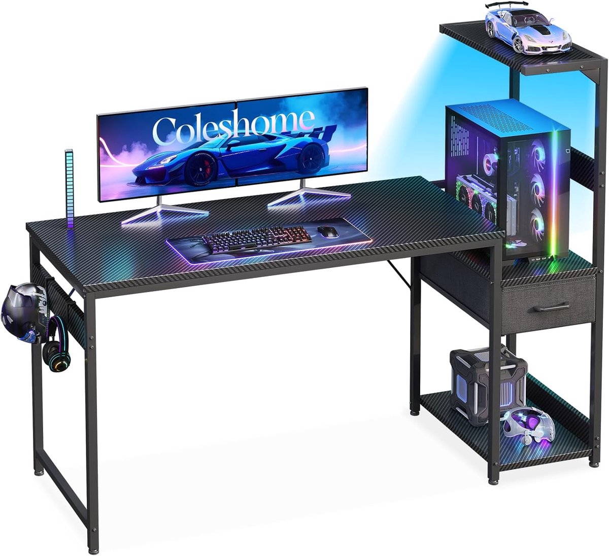 SnelShoppen - Gamingtafel met LED Verlichting, Opbergladen en Plank, 138 × 48 cm, Zwart | Omkeerbaar Bureau voor Gaming en Thuiswerk met Hoofdtelefoon