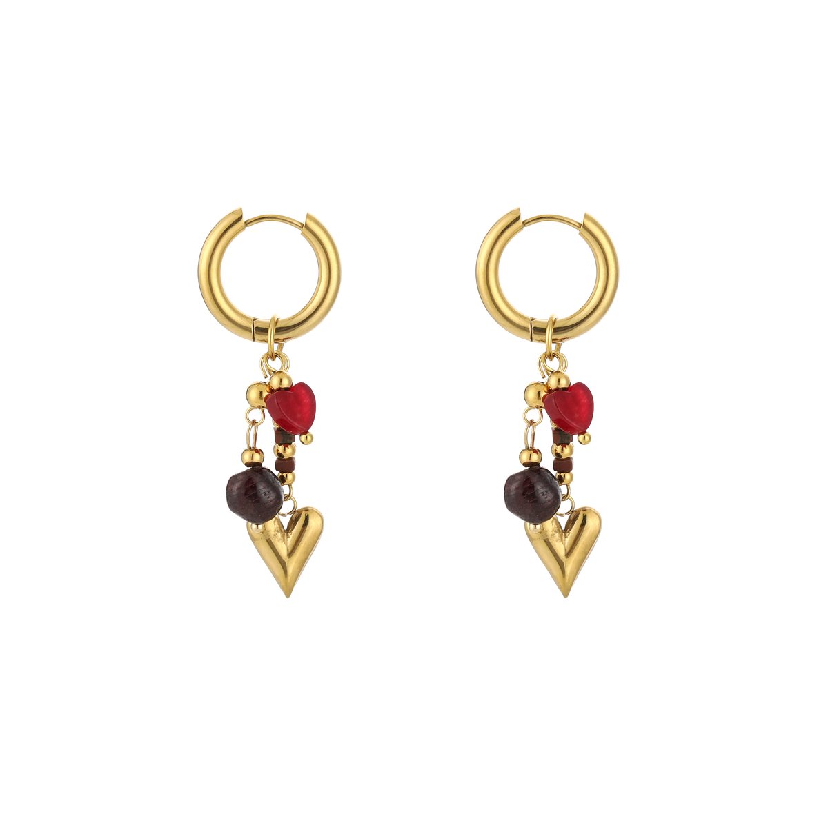 Stainless Steel Heart Charm Hoops with Gemstones & Beads – Luxe Hart Bedel Oorringen met Natuursteen – RVS - Rood