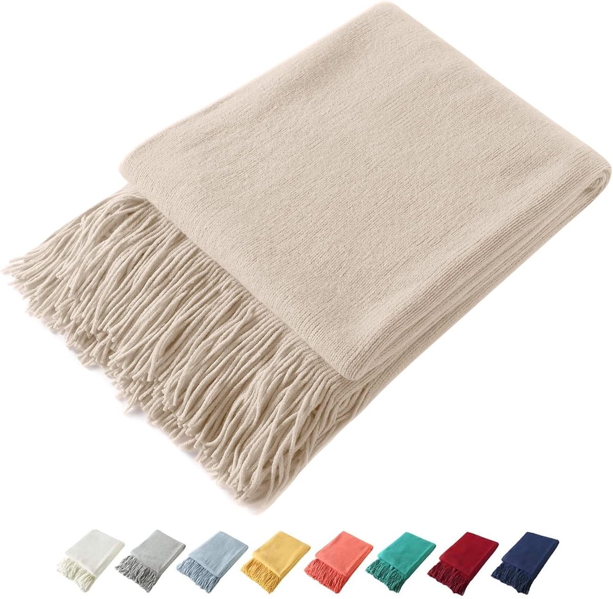 SnelShoppen - Decoratieve gebreide sprei met franjes, zachte acryldeken voor bank of bed, beige, 127,7 x 152,4 cm, gezellige kwastdeken voor woonkamer