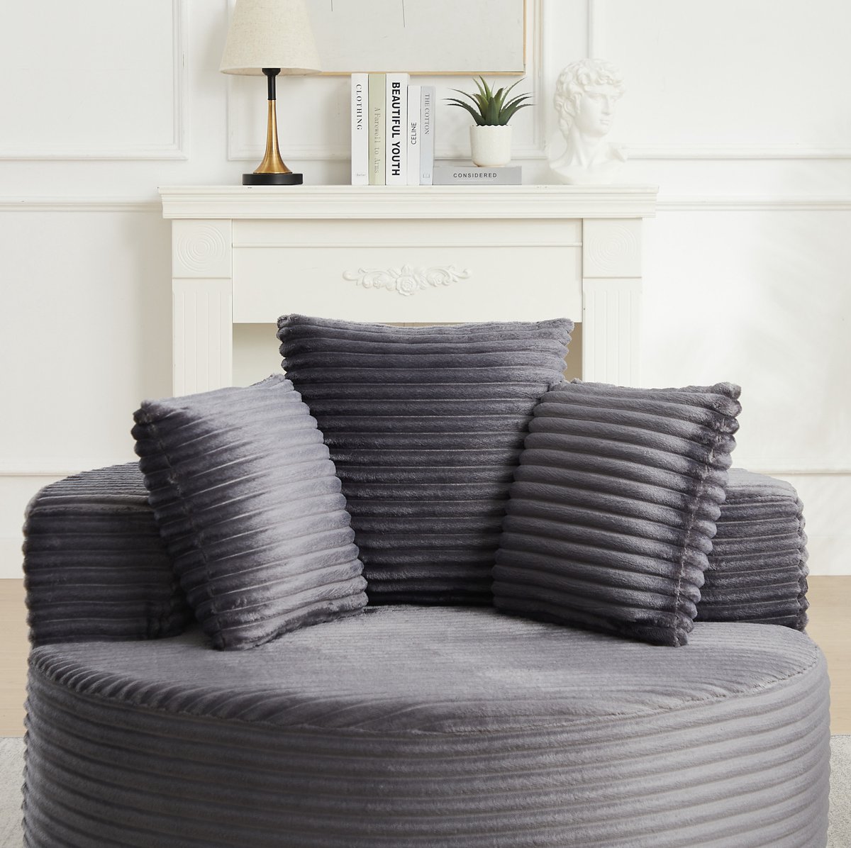 OKWISH Fauteuil 110 Cm - Ronde 1-Zits Loungestoel Met 3 Kussens En Brede Armleuningen - Voor Woonkamer Of Slaapkamer - Cord - Grijs