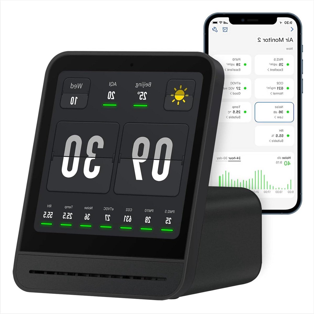 Luchtkwaliteit Monitor - Luchtmeter Sensor - Binnenklimaat Checken - 7 Metingen Real-time - 4 Inch Touchscreen - Zwart