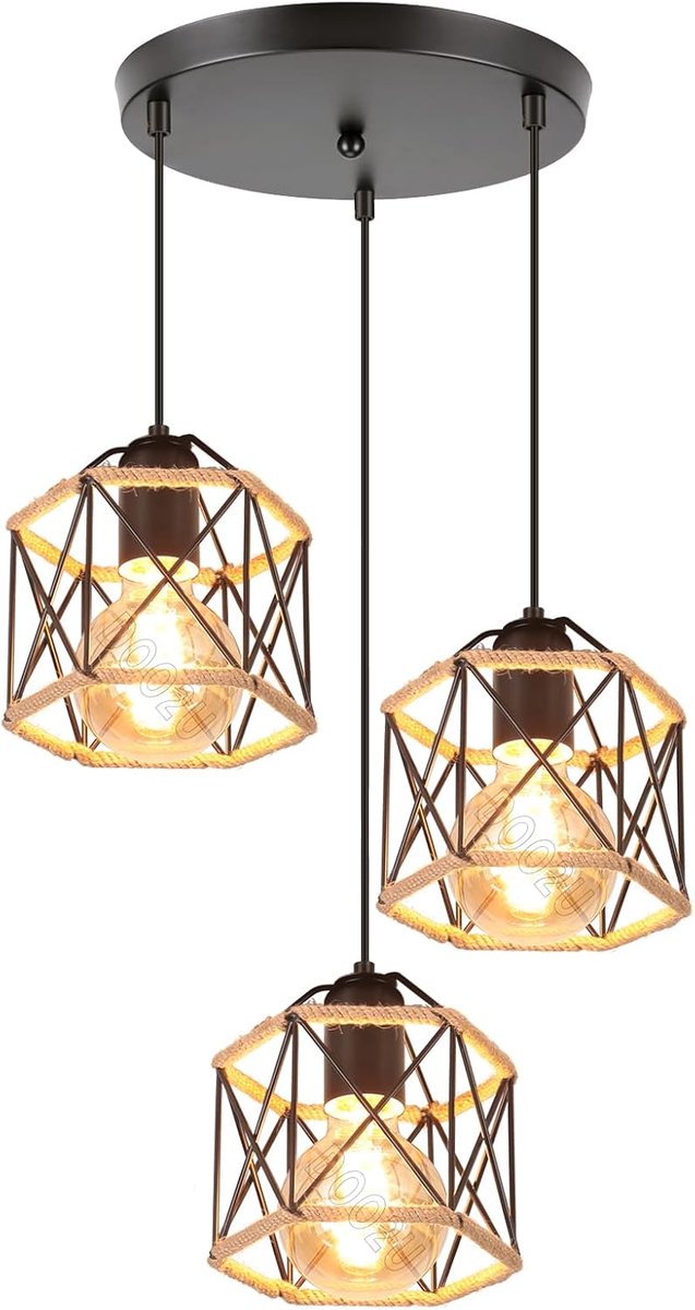 SnelShoppen - 3 Lichts Hanglamp Industriële Kroonluchter Zwart Metalen Plafondlamp met Henneptouw E27 voor Woonkamer, Café, Restaurant, 16 cm