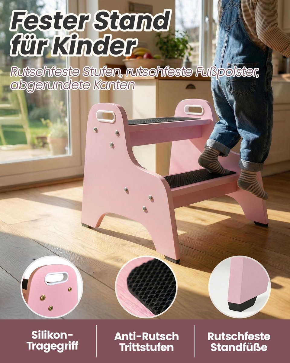 SnelShoppen - Kindertrapje van massief hout - 2 antislip treden - Scandinavisch design - Naturel (Roze) - Ideaal voor badkamer, keuken en kinderen