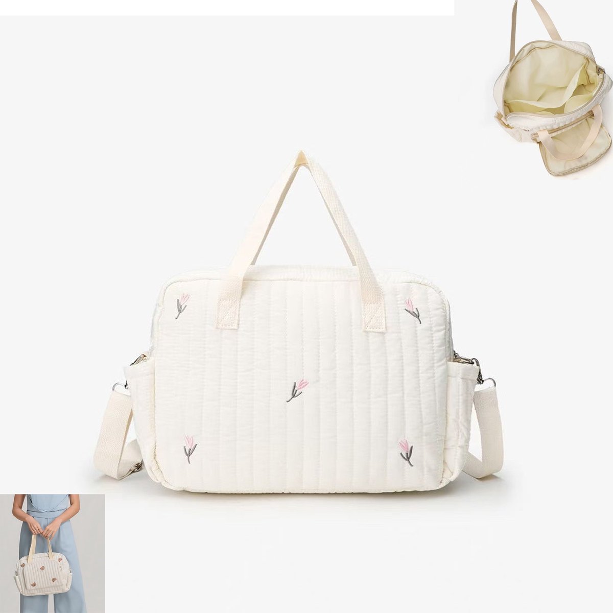 KZQ Gestepte luier tas tote met bloemenprint - Grote capaciteit katoenen babybag met meerdere vakken - Gebroken wit met tulpenprint