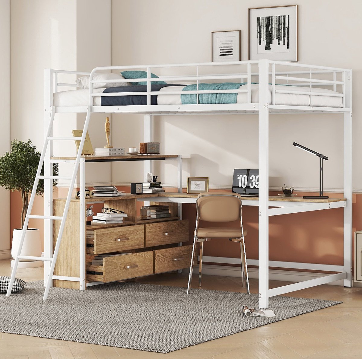 COVREO Hoogslaper met 4 lades en L-vormig bureau – 140x200 cm – Bedframe van metaal en MDF – voor studiehoek en slaapkamer – Wit - zonder matras White