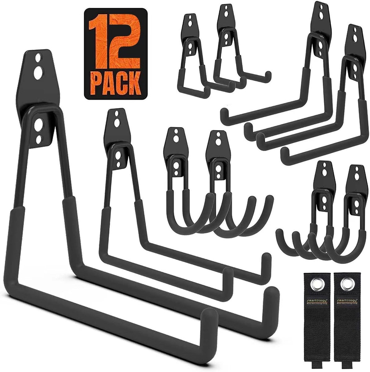 SnelShoppen - 12 Stuks Garage Haken - Zware Duurzame Gereedschap Hangers met 2 Verlengsnoeren, Opslagriemen, Muurbeugels voor Tuin- en Fietsgereedscha