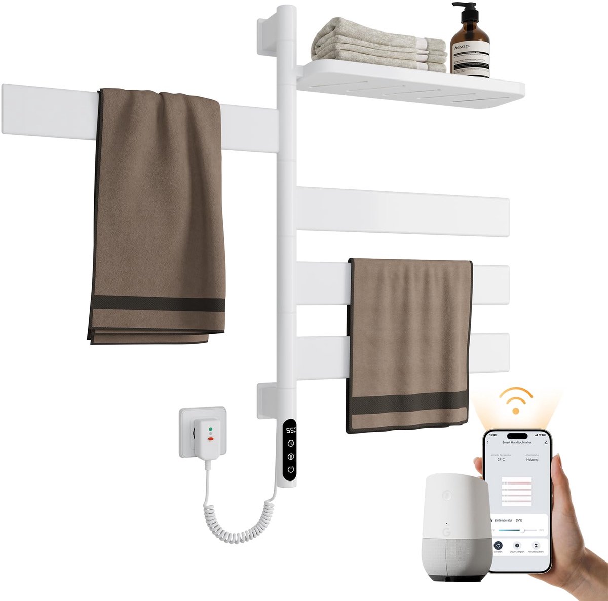 SnelShoppen - Elektrische Handdoekradiator met Wifi, Draaibaar 180°, Handdoekwarmer en Opbergrek, 120W, Wit, Badkamerverwarming, Handdoekhouder, Moder
