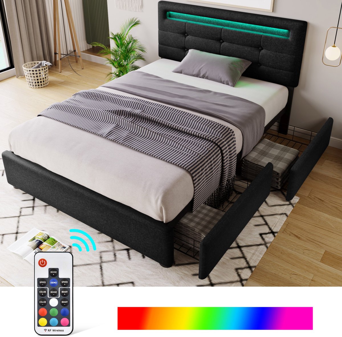 COVREO Bedframe met ledverlichting en 2 lades – 90x200 cm – Eenpersoons bed van linnen – met verstelbaar hoofdeinde – Zwart - zonder matras