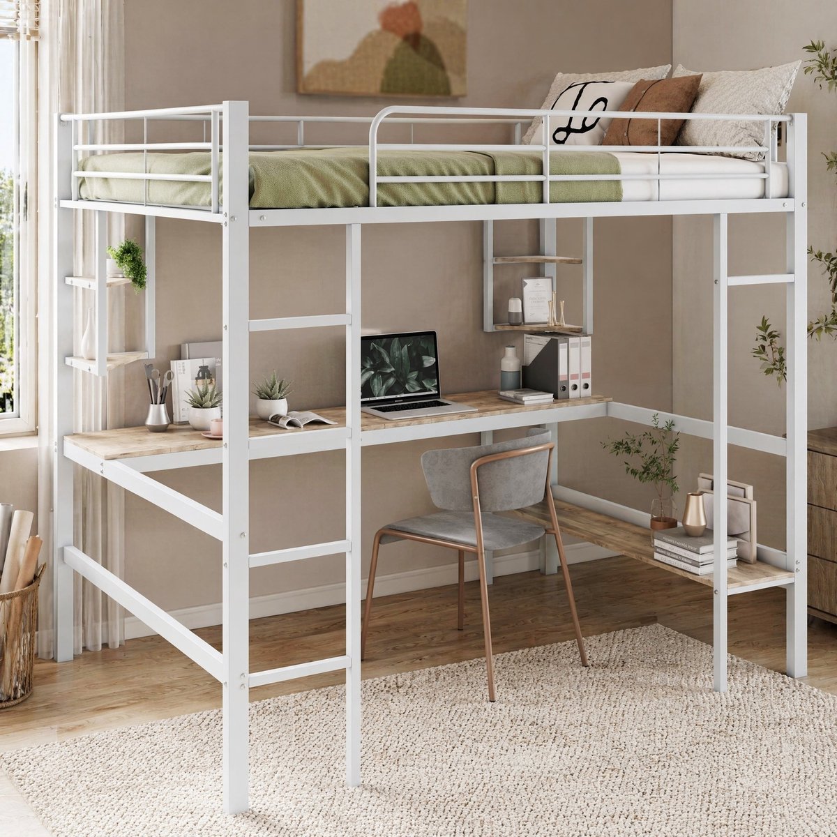 COVREO Bedframe 140x200 cm wit metaal met bureau zonder matras