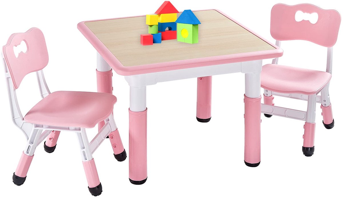 SnelShoppen - Hoogte Verstelbare Tafel en Kinderstoel Set voor Kinderen van 3-8 Jaar, 3-delige Set met 2 Stoelen, Roze, Gemakkelijk te Reinigen, CE en