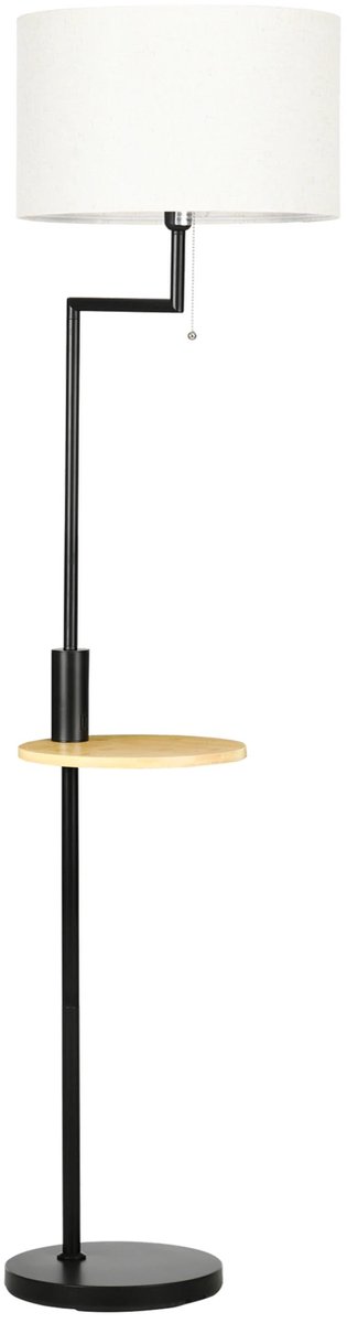 ITRONIQ Vloerlamp Met Tafeltje - Staande Lamp Met USB Oplaadpunt - Linnen Lampenkap - Woonkamerlamp met Tafeltje - Zwart/Hout