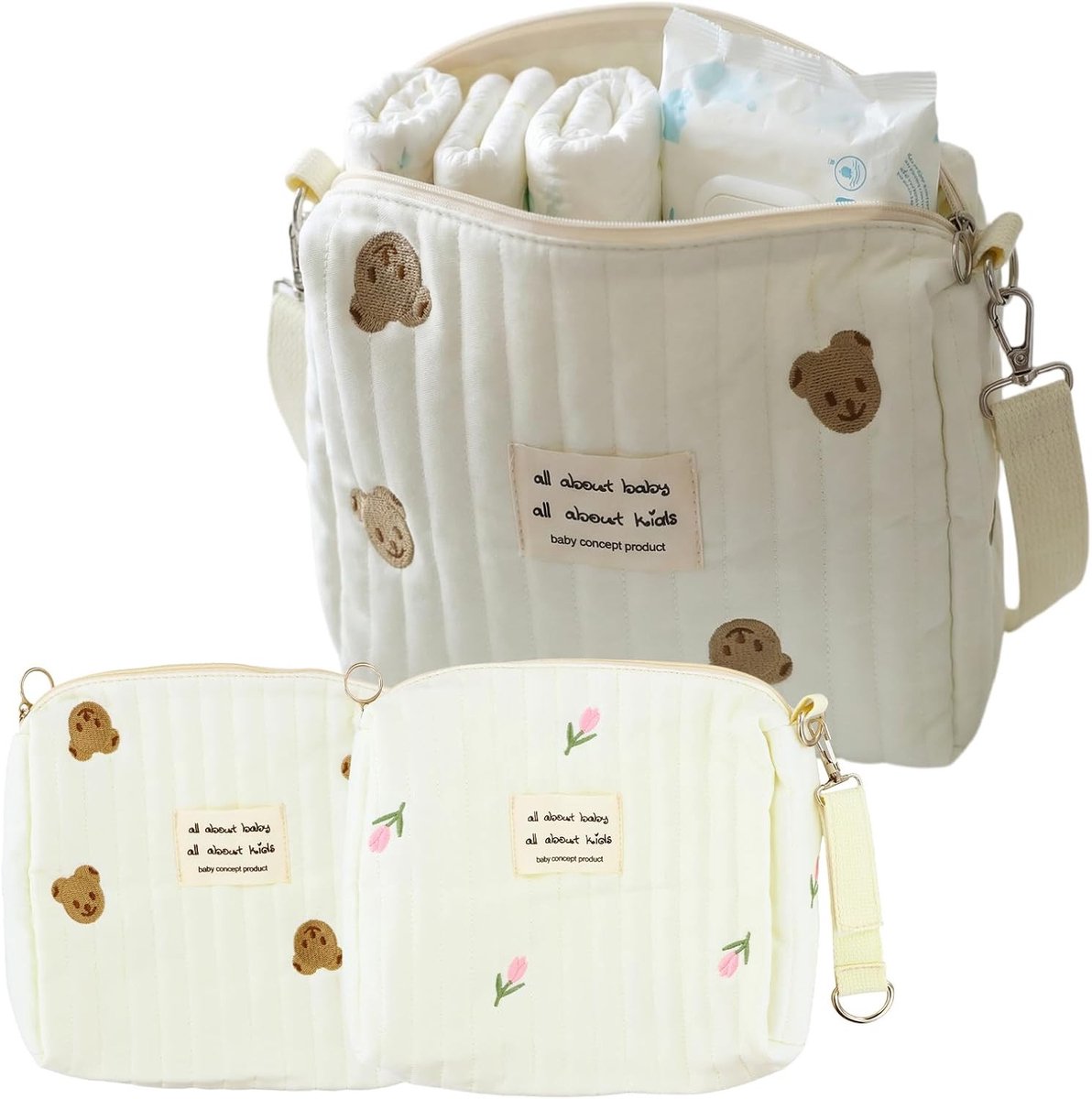 Kleine Baby Luiertassen, Organiser voor Luiers, Kleding en Speelgoed, Wasbaar en Met Rits, Schattig Ontwerp met Teddy en Tulp, Perfect voor Reizen, Afmetingen 25 x 17 cm (Beige)