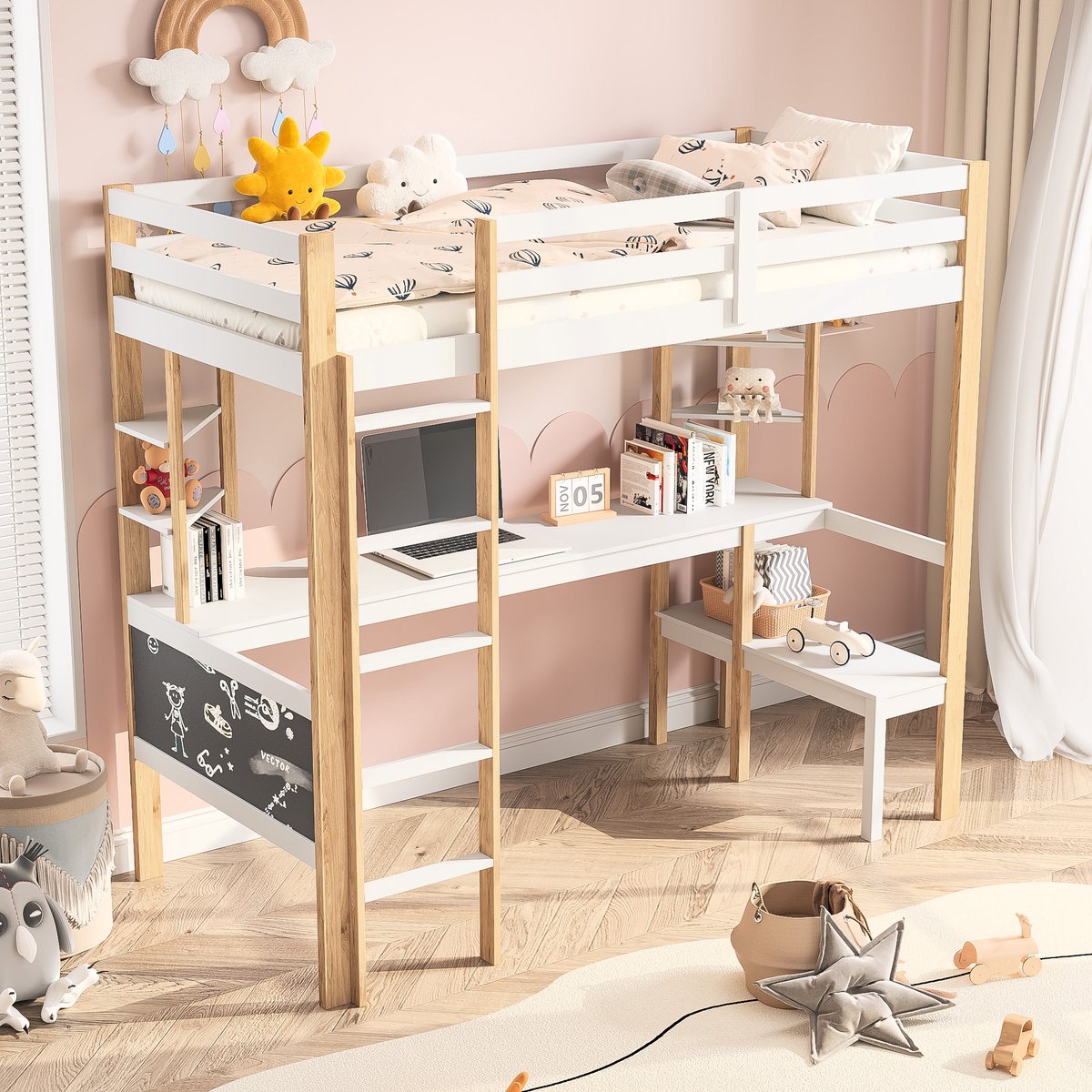 Hoogslaper 90x200 cm, kinderbed met bureau en boekenkast, loftbed met ladder en veiligheidshek, grenenhout en mdf, wit en houtkleur, zonder matras