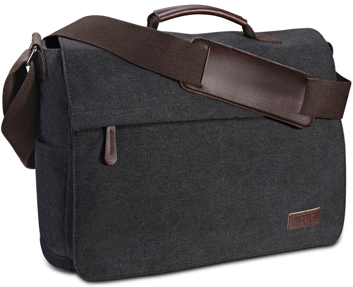 SnelShoppen - Ruschen Schoudertas voor Heren - Vintage Canvas Laptoptas 15,6 Inch - Premium Schoudertas - Boodschappentas - Zwart - XX-Large
