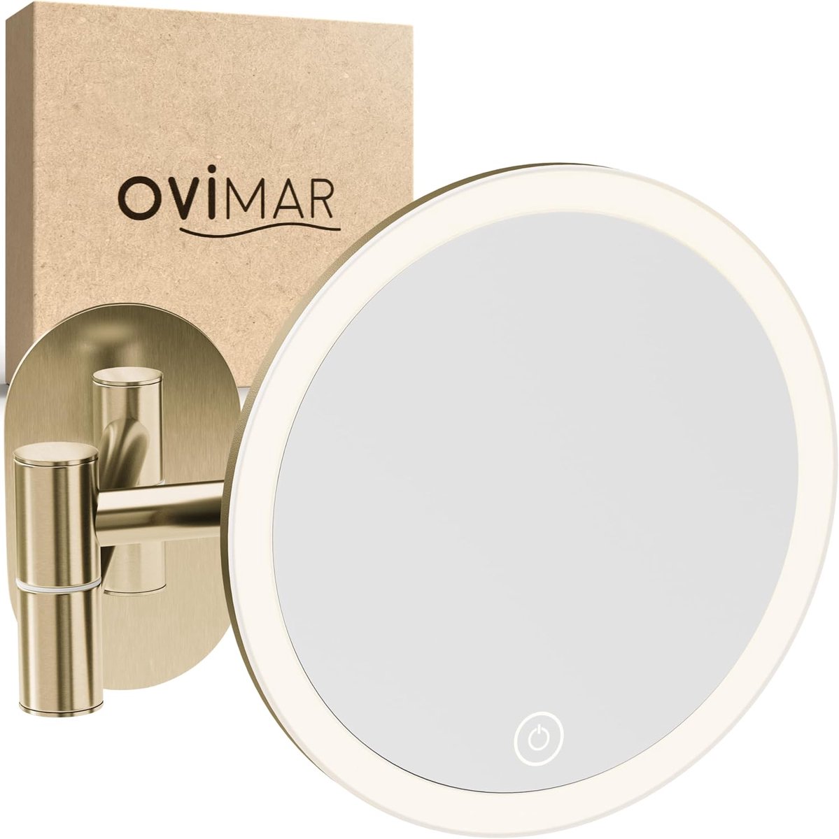 SnelShoppen - Ovimar Cosmeticaspiegel Blavand Gold | Verlichte Make-upspiegel | Oplaadbaar | Wandmontage Zonder Boren | 5-voudige Vergroting | 360 Gra