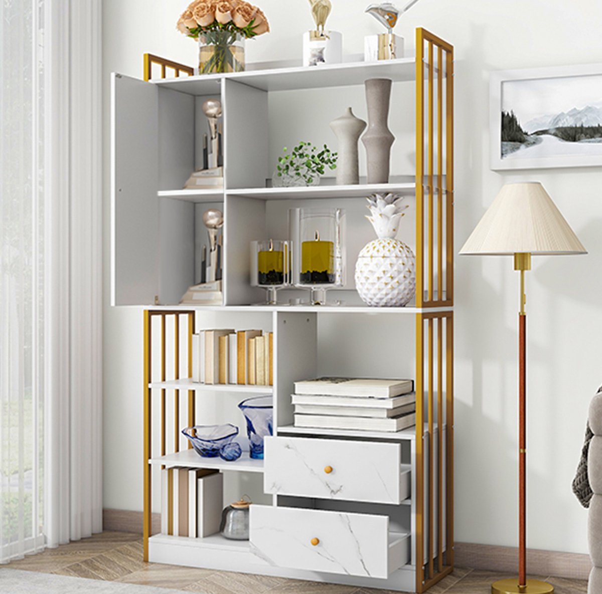 MODENUIT Boekenkast - 6 Planken Met Deuren En Laden - Goud Wit - Spaanplaat Metaal - 100x30x173,5 Cm