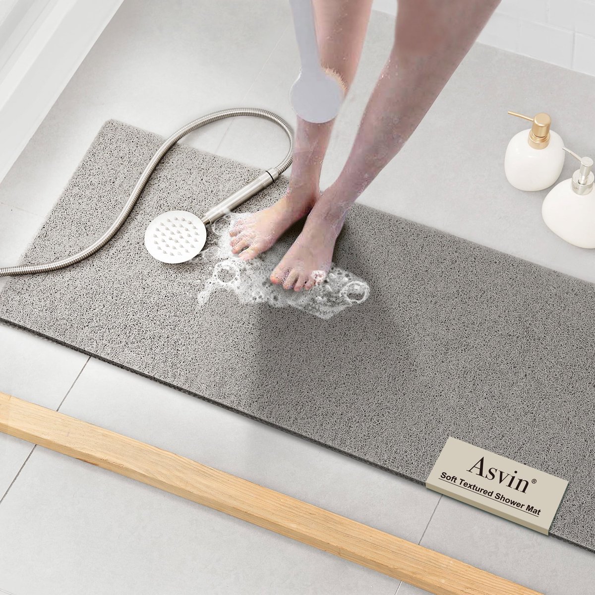 SnelShoppen - Antislip Badmat 117 x 46 cm - Zachte PVC Loofah Douchemat - Ftalaatvrij en Sneldrogend - Comfortabele Badmat met Waterdoorlatende Afvoer