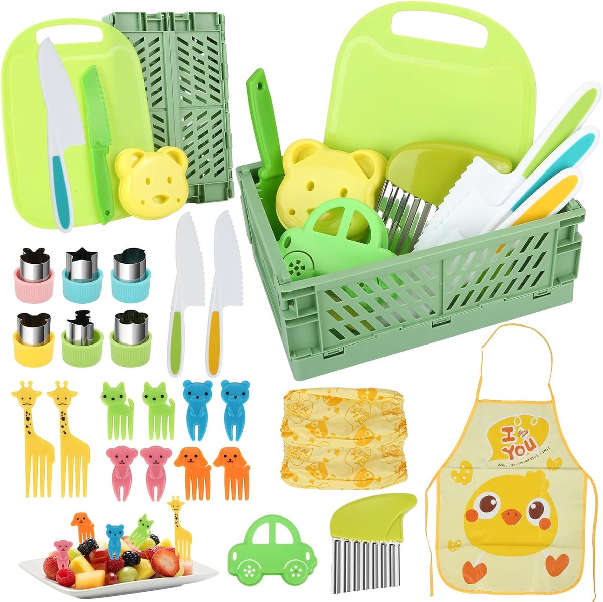 SnelShoppen - Kindermes Set 28-delig met Groentesnijders, Golfsnijders, Snijplank en Opvouwbare Opbergdoos - Ideaal als Verjaardagscadeau voor Kindere