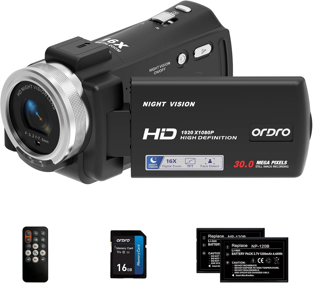 SnelShoppen - Full HD 1080P Video Camera Camcorder met 16x Zoom, Nachtzicht, 3.0 Inch LCD Scherm, 16GB Geheugenkaart, 2 Batterijen en Afstandsbedienin