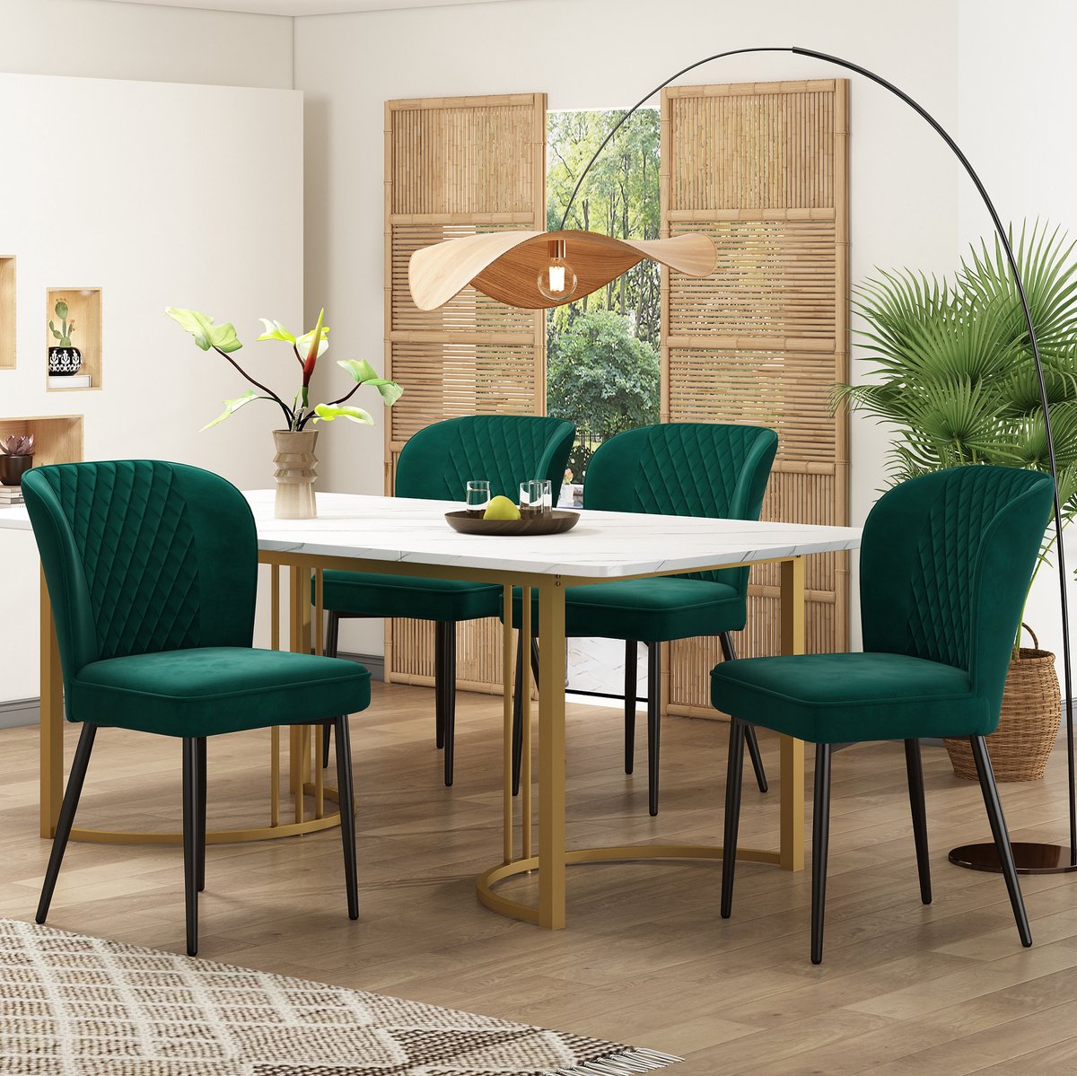 COVREO Eettafel set 140x80x75 cm groen, fluweel en metaal, 4 stoelen