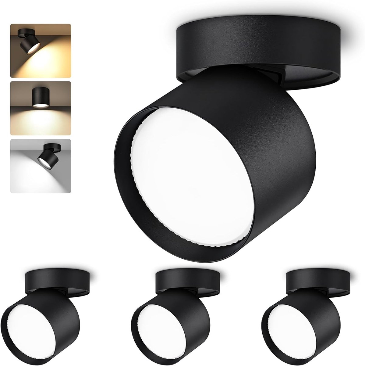 Rotonde Inbouw LED Spotlights, Draaibaar, 7 W, 800 LM, 82 × 80 mm, Verstelbare Verlichting, 3000 K/4500 K/6500 K, Aluminium, Zwart, 4 Stuks, Ideaal voor Woonkamer en Keuken