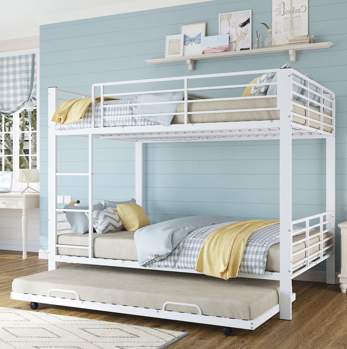 STILVORA Stapelbed 140x200 cm – Uittrekbaar Onderbed Voor 3 Personen – Ruimtebesparend Met Veiligheidshekje – Kinderkamer Metaal – Matte Wit – Zonder Matras