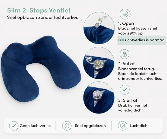 Blauw nekkussen met uitleg over het 2-staps ventiel voor snel opblazen.