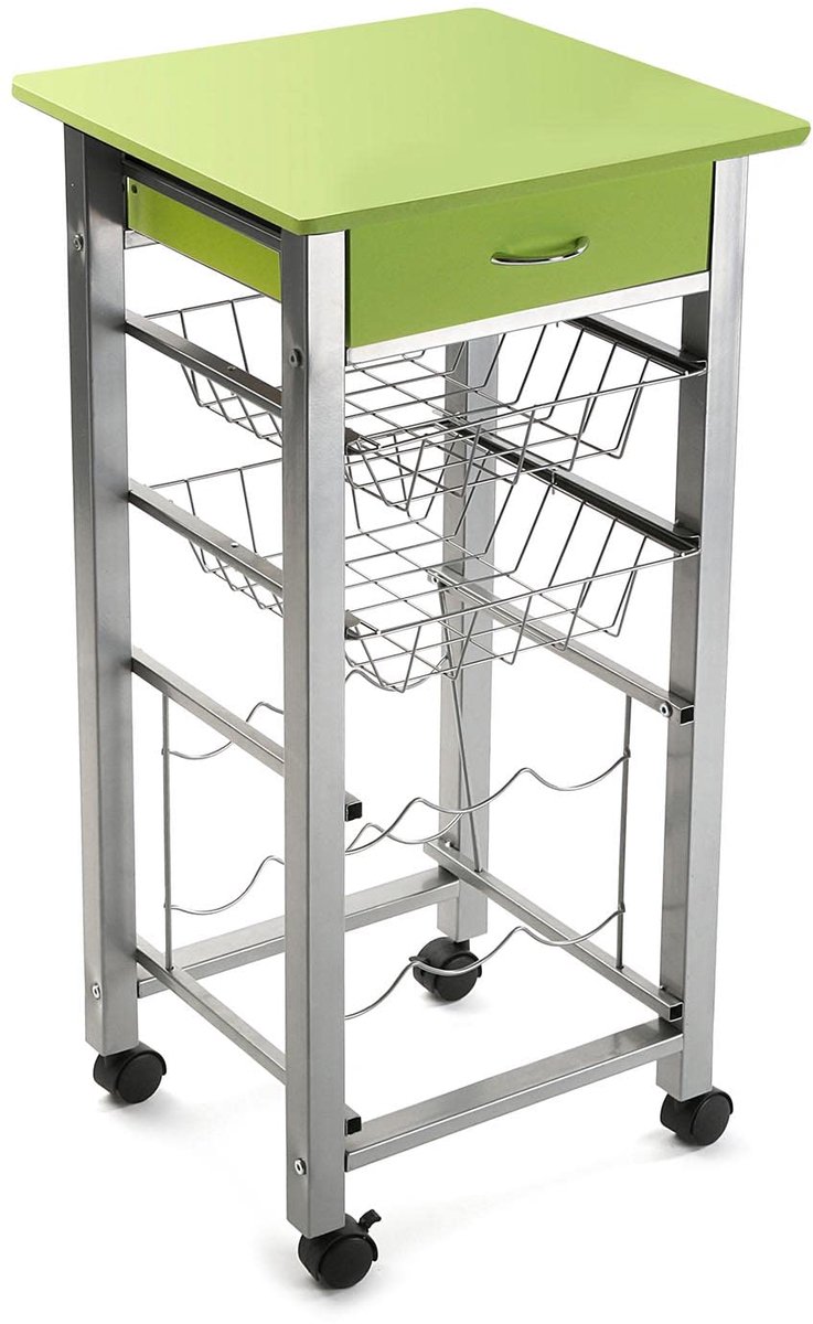 SnelShoppen - Keukenwagen met Wielen, Lades en Flessenrek - Keukenopslag Trolley van Hout en Metaal - 82x40x40 cm - Groen Werkblad