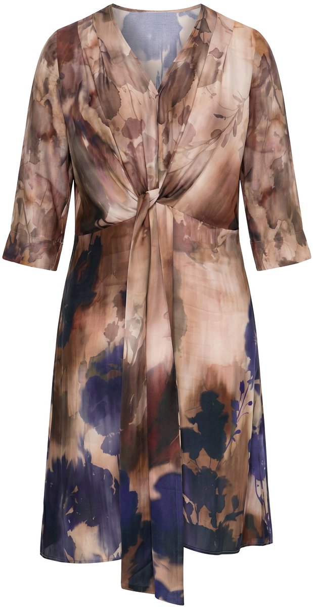 Ulla Popken - Dames - Satijnen maxi-jurk aquareldesign V-hals 3/4-mouwen - Donkermarine - Maat 54+