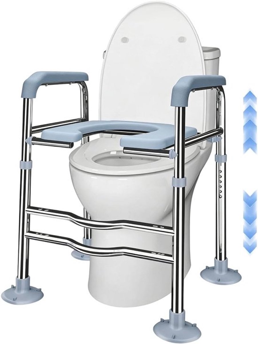 Verhoogde toiletstoel met armleuningen, verstelbaar voor ouderen en personen met een beperking, tot 150 kg. Comfortabel en veilig voor zwangere vrouwen en revalidatie.