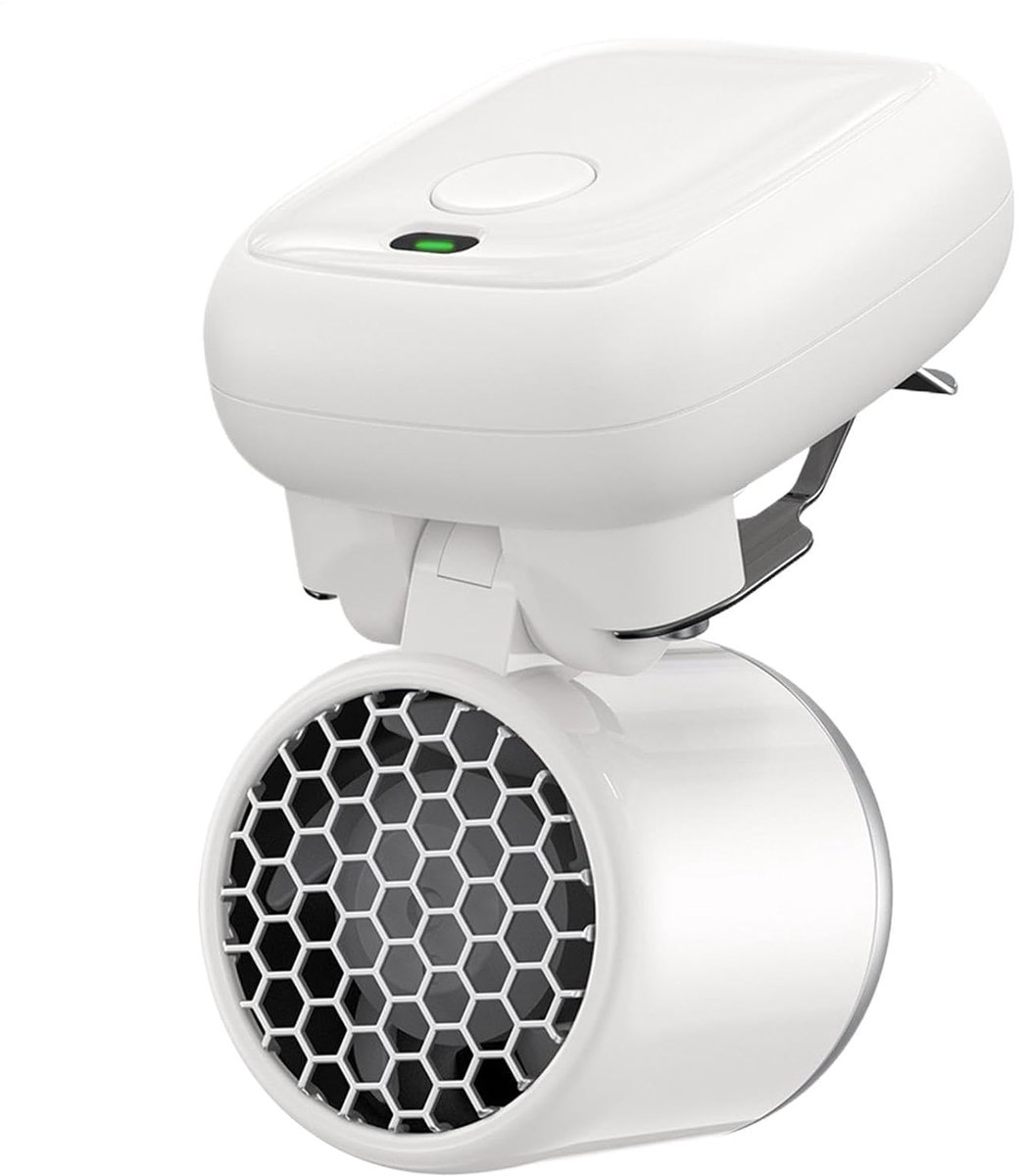 LISM-Een handventilator met een clip die aan een Mexicaanse hoed, shirt of draagbare koelkast bevestigd kan worden. Hij heeft 3 windsnelheden en een ingebouwde 1200mAh-batterij (wit).