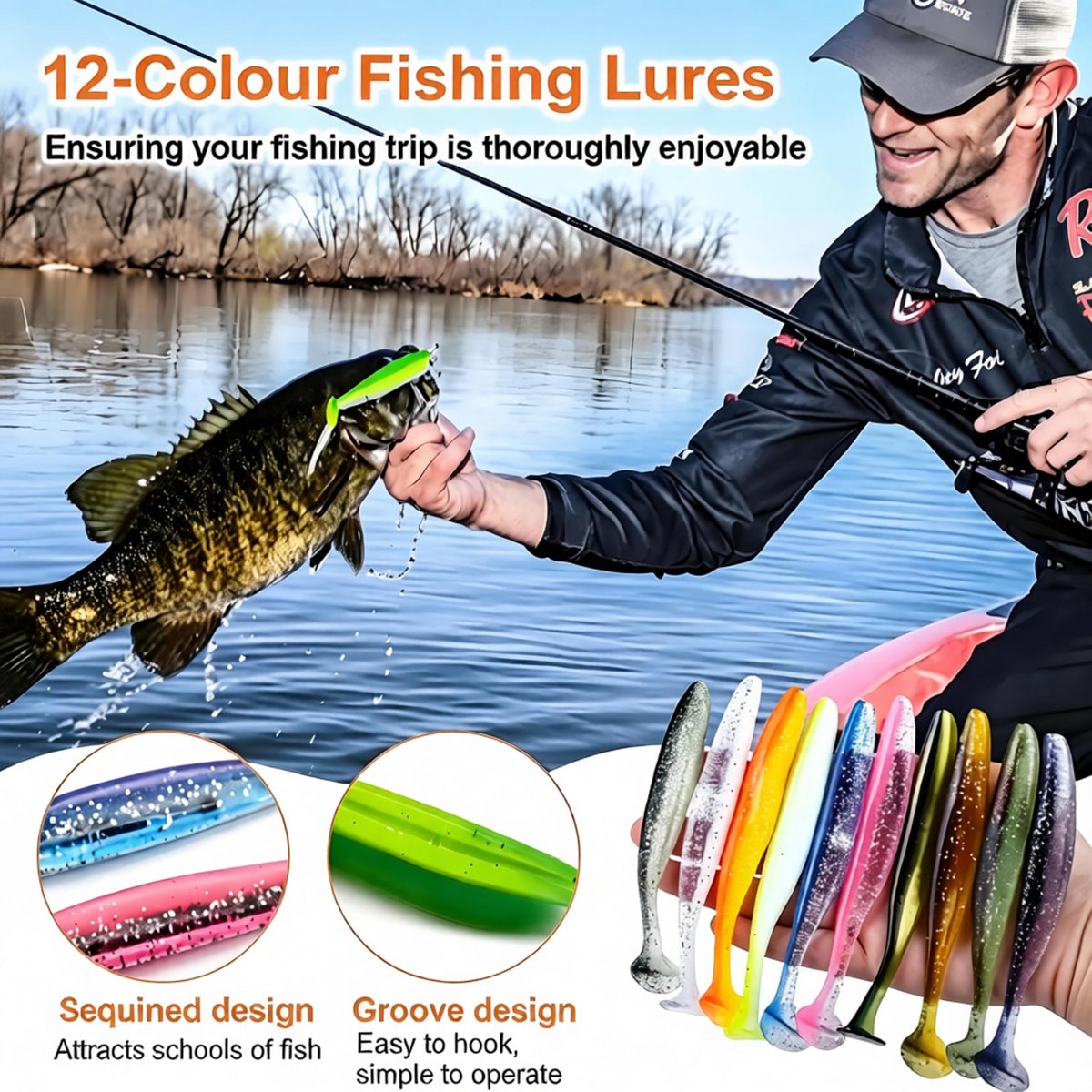SnelShoppen - 58 stuks Hengelset met Rubberen Vissen, Zwemaas, Vishaken, Jigkoppen & Visaccessoires voor Baars, Snoekbaars en Forel, Ideaal voor Sport