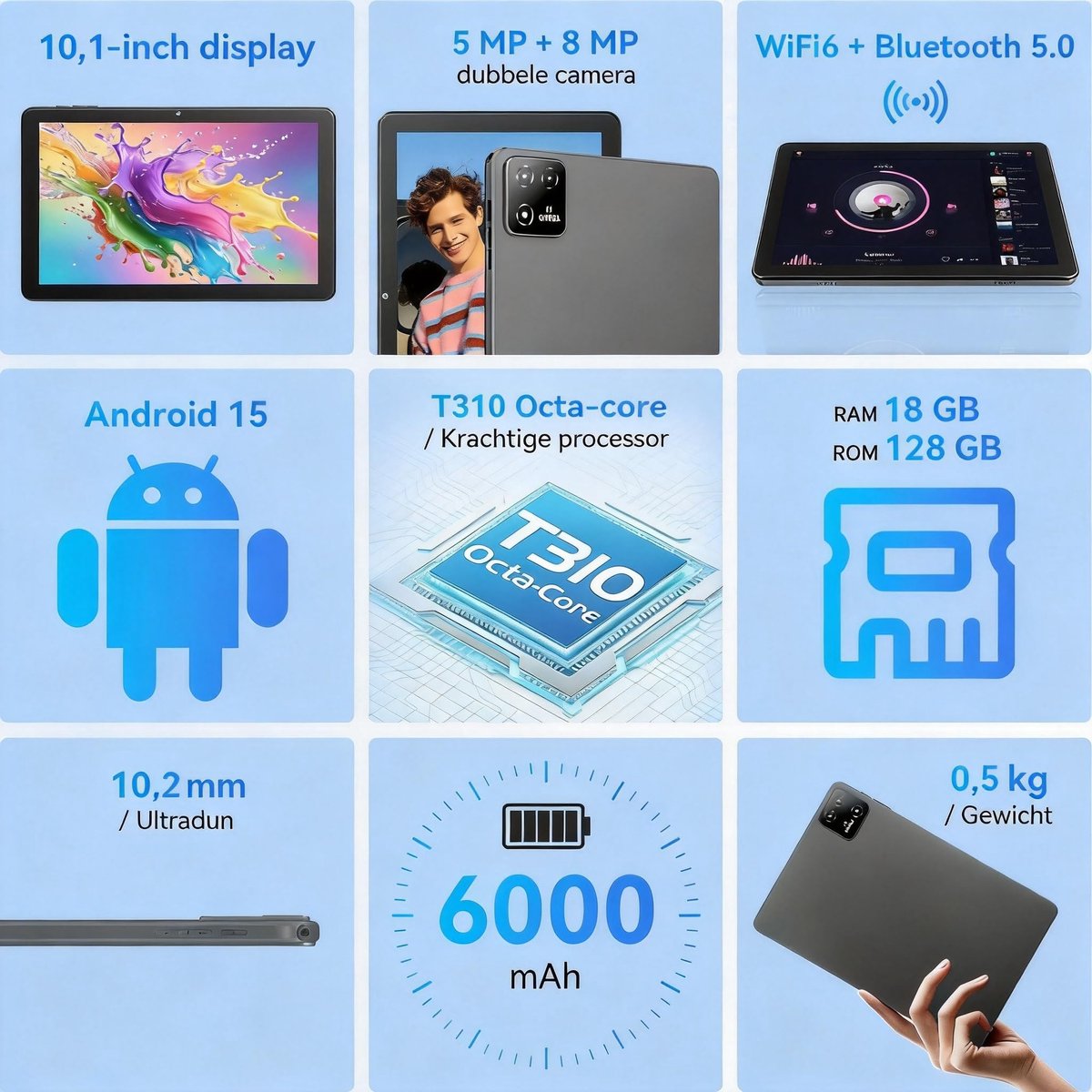 SnelShoppen - 10 Inch Android 15 Tablet met Oplader, 18GB RAM, 128GB Opslag, Octa-Core T30, Widevine L1, WiFi 5, 6000mAh Batterij, Uitbreidbaar tot 1T