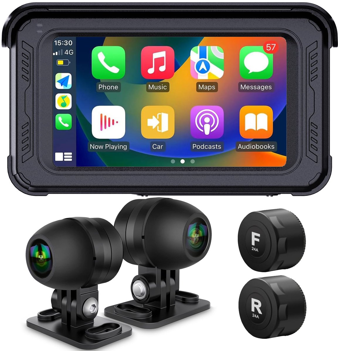 SnelShoppen - Waterdichte motorfiets dashcam met draadloze CarPlay, Android Auto, 5" IPS-aanraakscherm, dubbele camera HD 1080P, TPMS, Bluetooth, Wi-F