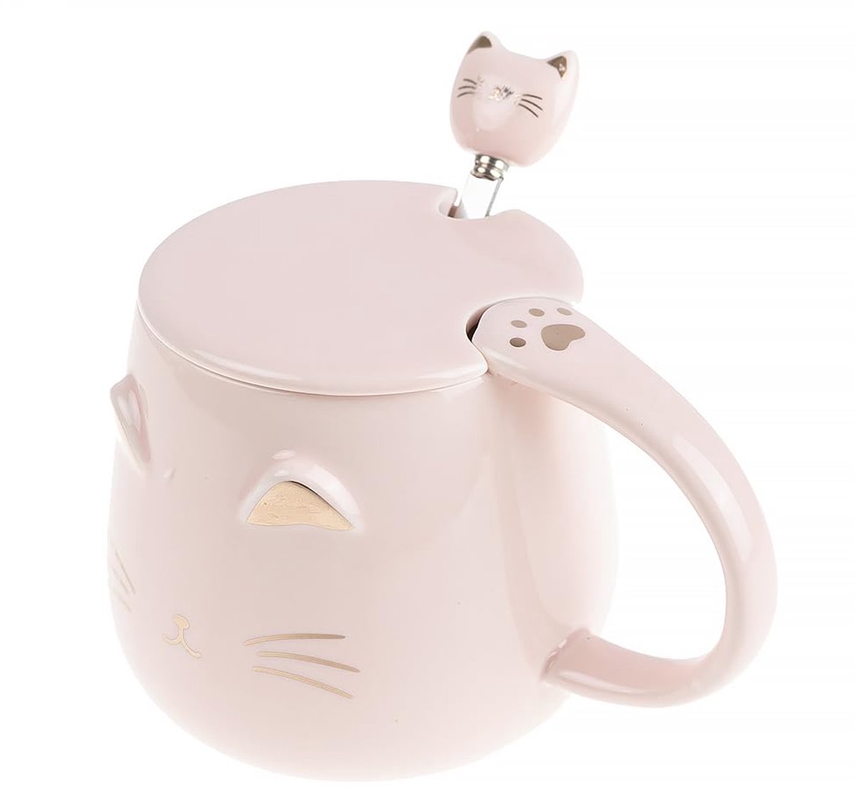 SnelShoppen - Kawaii Kattenbeker met Deksel en Lepel - Roze - Perfect voor Kinderen, Feestjes, en Thuisgebruik - Leuk en Functioneel