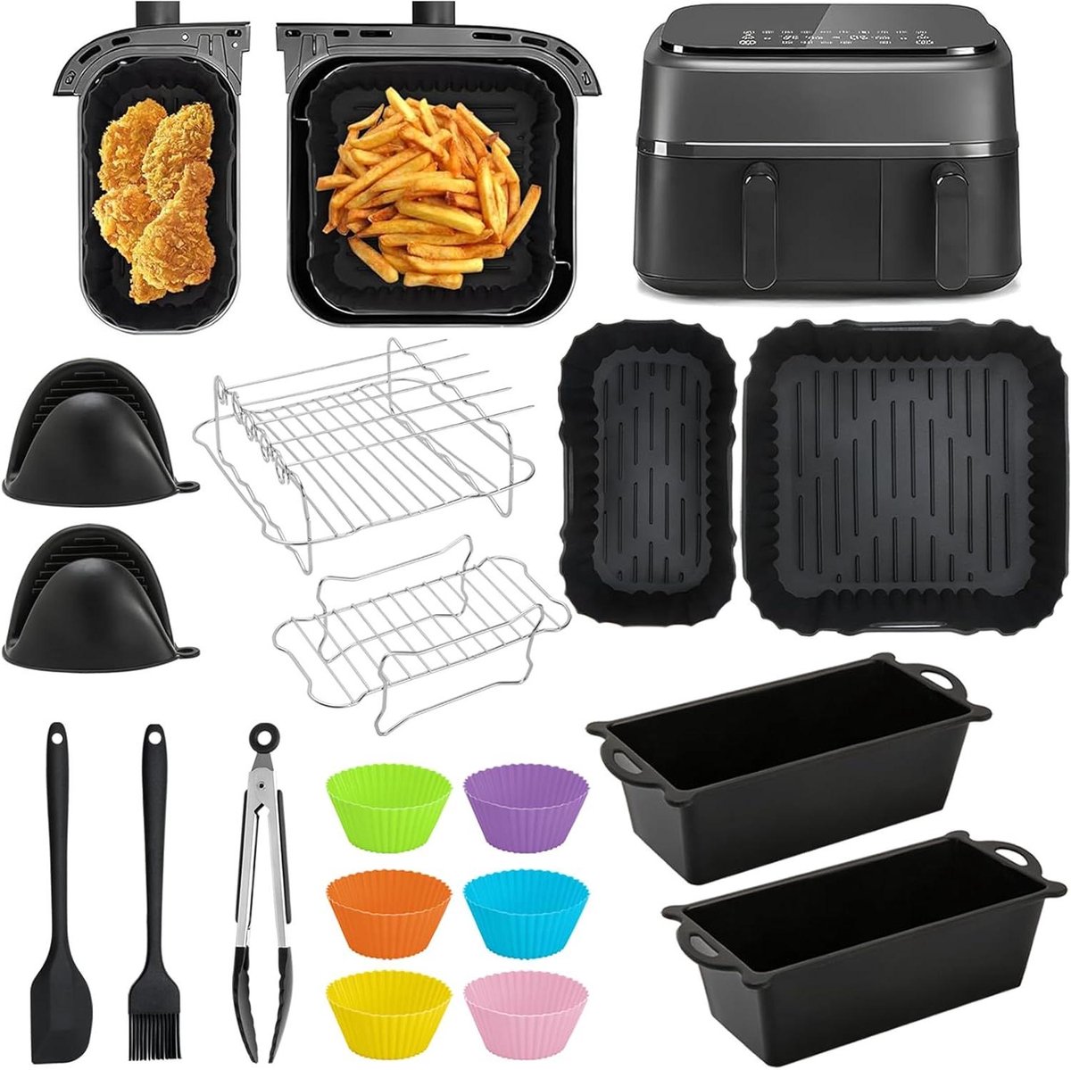 Airfryer Accessoires Set - Keuken Hulpmiddelen - Gezond Koken - Dubbel Mand Ontwerp - 22 Delig - Grijs