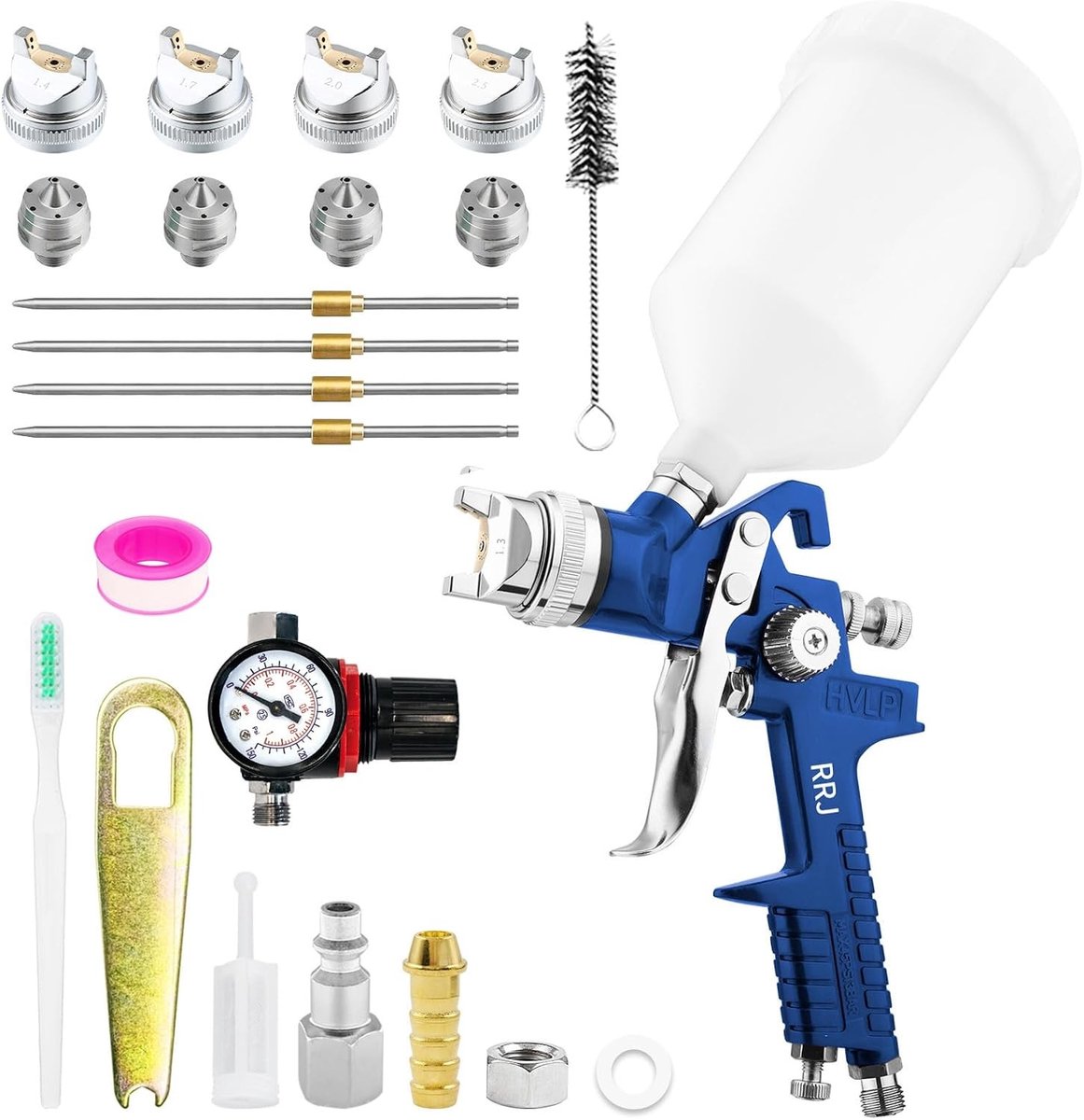 Professionele HVLP Verfspuitset met 4 Nozzles 1.4/1.7/2.0/2.5mm, 600ml Plastic Cup en Drukmeter voor Precisie Verfprojecten