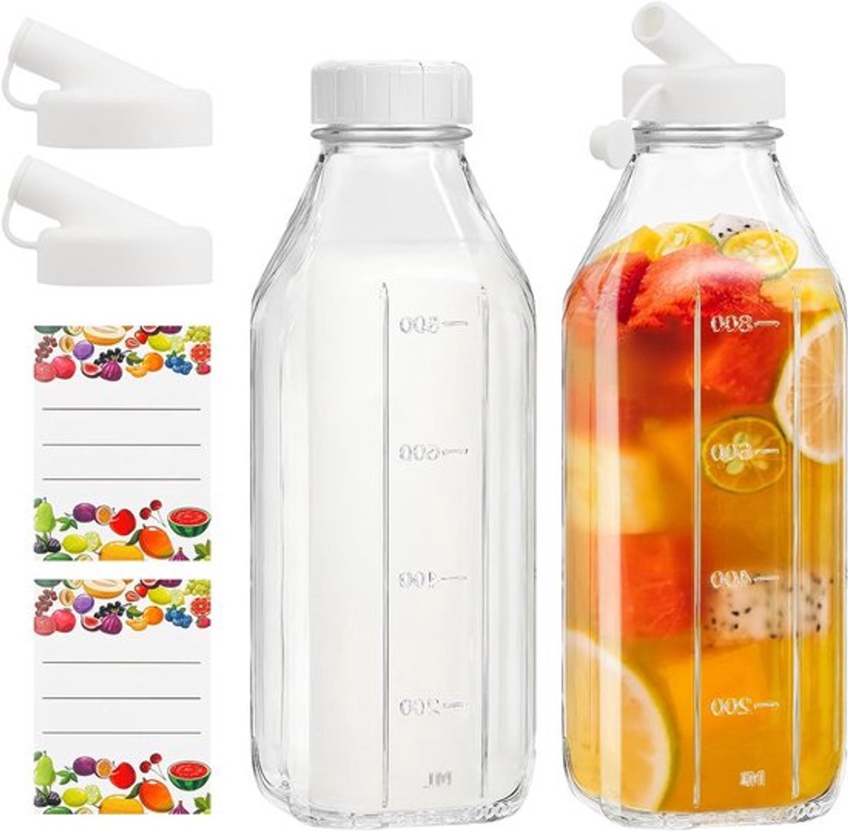 Glazen Flessen van 1 Liter met Deksel en Stickers voor Sap, Smoothies en Kombucha - Set van 2 voor Vers Gevulde Dranken