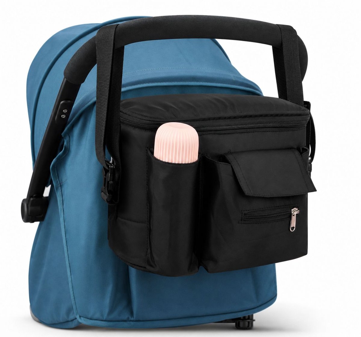 VHV - Kinderwagen Organizer 31 x 20 x 15 cm - Buggy Tas met 5 Vakken, Bekerhouder en Schouderband - Zwart