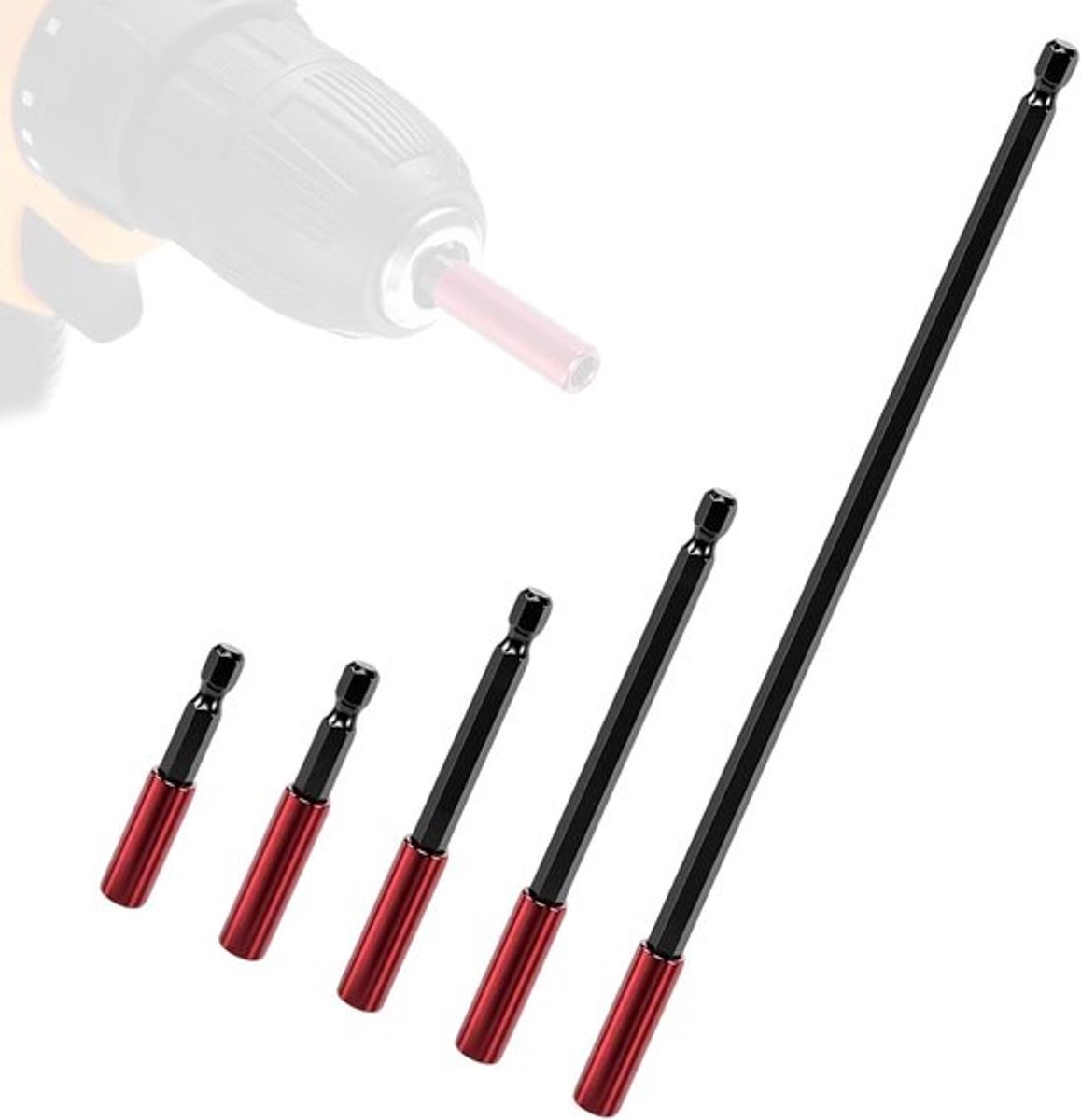 Magnetische bithouderset met zeskantschacht voor schroevendraaiers - 5-delige set van verschillende lengtes voor slagsleutels
