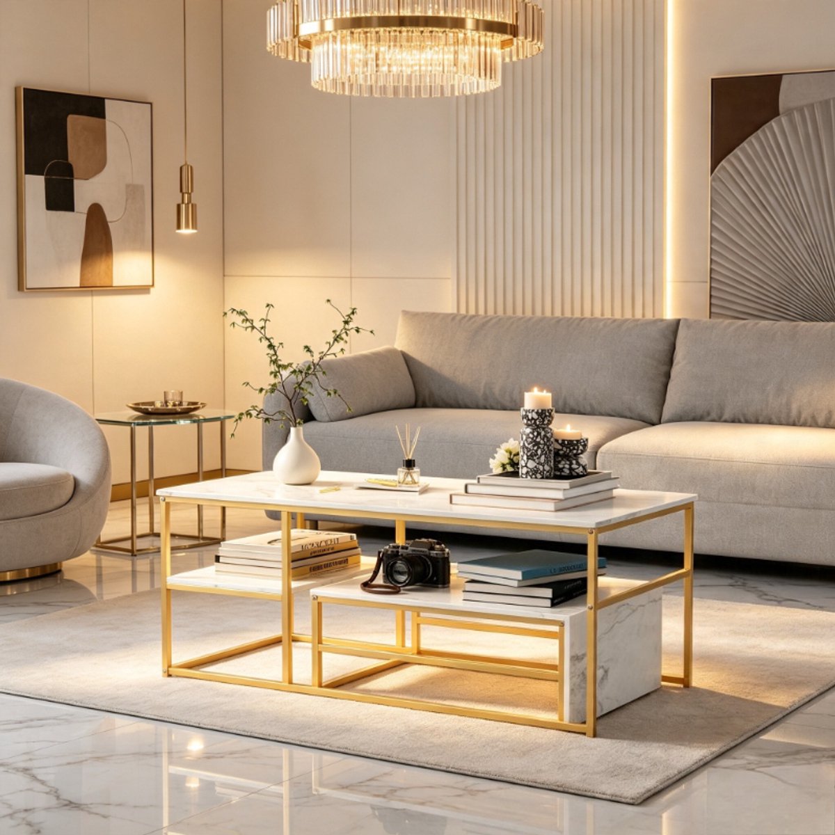 Salontafel set, nesttafels met marmerlook tafelblad, koffietafel en bijzettafel met metalen frame, mdf wit en goud