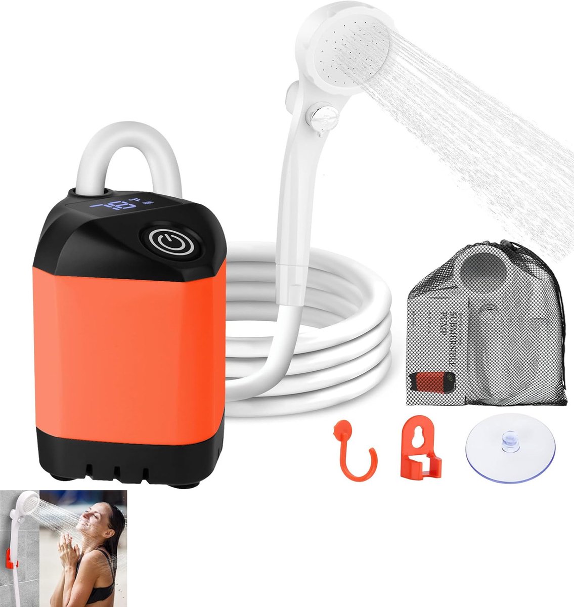 KZQ Draagbare oplaadbare campingdouchepomp - Outdoor sproeikop voor kamperen wandelen reizen autowassen en huisdierreiniging - Compact en gebruiksvriendelijk - Oranje