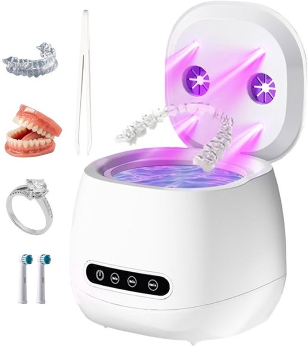 Ultrasone tandreiniger met UV-sterilisatiefunctie, 45 kHz, Geschikt voor gebitsprotheses, beugels en sieraden – Draagbaar, oplaadbaar reinigingsreservoir van 200 ml W190MAX (wit).